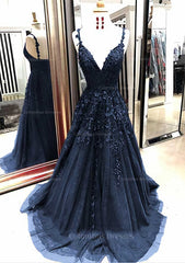 Prom Dresses Dress, A-line/Princess V Neck Sleeveless Sweep Train Tulle Prom Dress With Appliqued