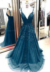 Prom Dresses Corset, A-line/Princess V Neck Sleeveless Sweep Train Tulle Prom Dress With Appliqued