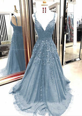 Prom Dress Boho, A-line/Princess V Neck Sleeveless Sweep Train Tulle Prom Dress With Appliqued