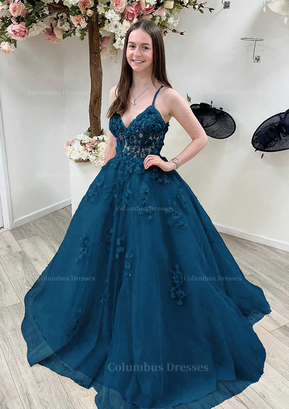 Homecoming Dresses Pockets, A-line Princess V Neck Sleeveless Sweep Train Tulle Prom Dress With Appliqued Beading Lace