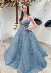 Homecoming Dress Pockets, A-line Princess V Neck Sleeveless Sweep Train Tulle Prom Dress With Appliqued Beading Lace