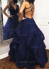 Formal Dresses Graduation, A-line Princess V Neck Sleeveless Tulle Long/Floor-Length Prom Dress With Pleated