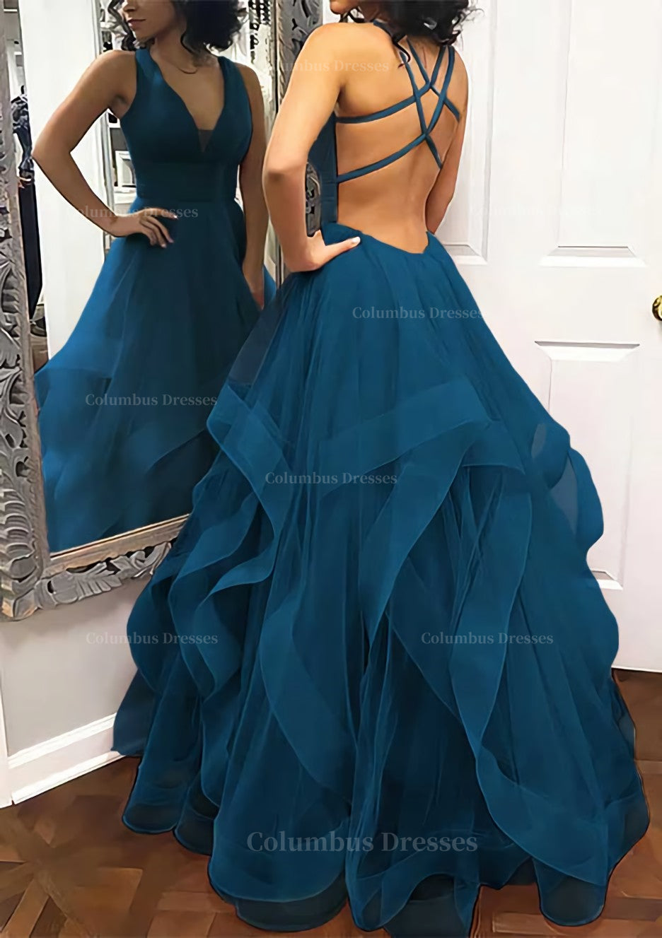 Formal Dresses And Evening Gowns, A-line Princess V Neck Sleeveless Tulle Long/Floor-Length Prom Dress With Pleated