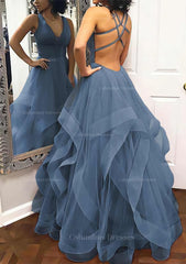 Formal Dresses Classy Elegant, A-line Princess V Neck Sleeveless Tulle Long/Floor-Length Prom Dress With Pleated