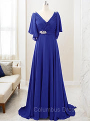 Prom Dress Guide, A-Line/Princess V-neck Sweep Train Chiffon Mother of the Bride Dresses With Beading