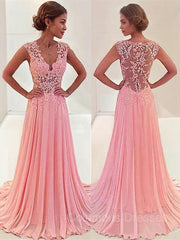 Prom Dresses 2038 Cheap, A-Line/Princess V-neck Sweep Train Chiffon Prom Dresses With Appliques Lace