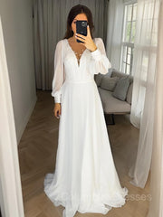 Wedding Dress Lace A Line, A-Line/Princess V-neck Sweep Train Chiffon Wedding Dresses