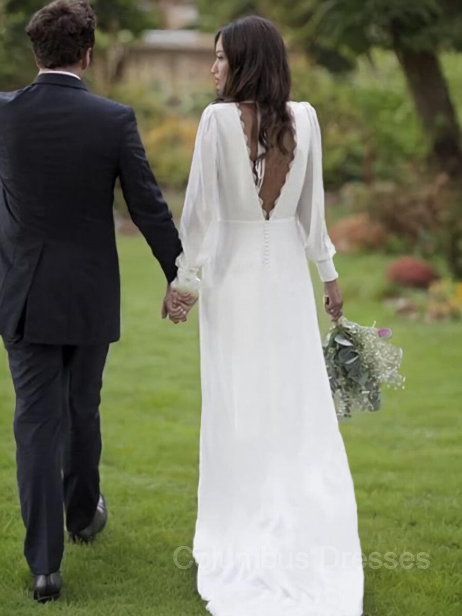Wedding Dress With Pocket, A-Line/Princess V-neck Sweep Train Chiffon Wedding Dresses