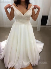 Wedding Dress Cheaper, A-Line/Princess V-neck Sweep Train Chiffon Wedding Dresses