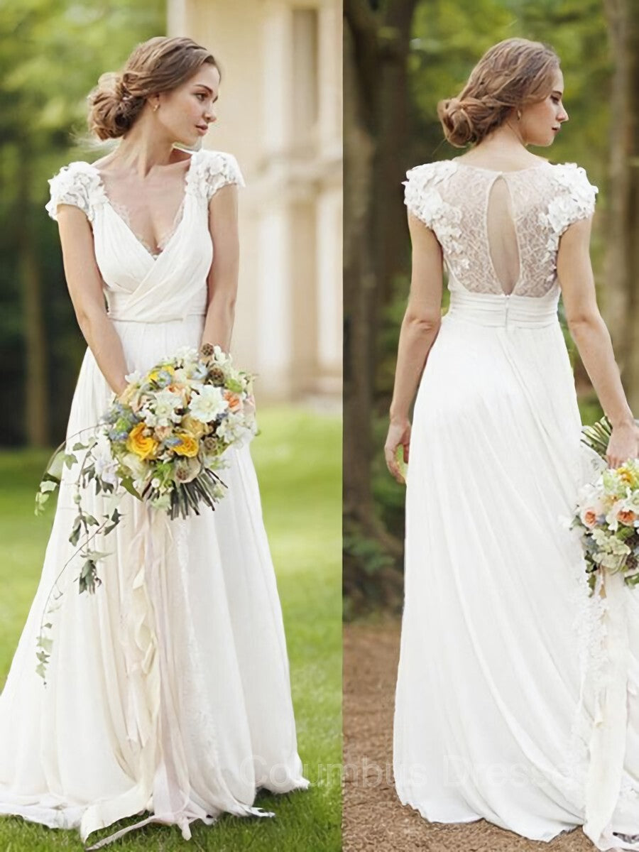 Wedding Dresses Tulle, A-Line/Princess V-neck Sweep Train Chiffon Wedding Dresses
