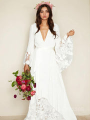 Wedding Dresses Petite, A-Line/Princess V-neck Sweep Train Chiffon Wedding Dresses With Belt/Sash