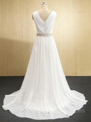 Wedding Dresses Vintag, A-Line/Princess V-neck Sweep Train Chiffon Wedding Dresses With Leg Slit