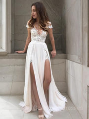 Wedding Dresses Cheap, A-Line/Princess V-neck Sweep Train Chiffon Wedding Dresses With Leg Slit