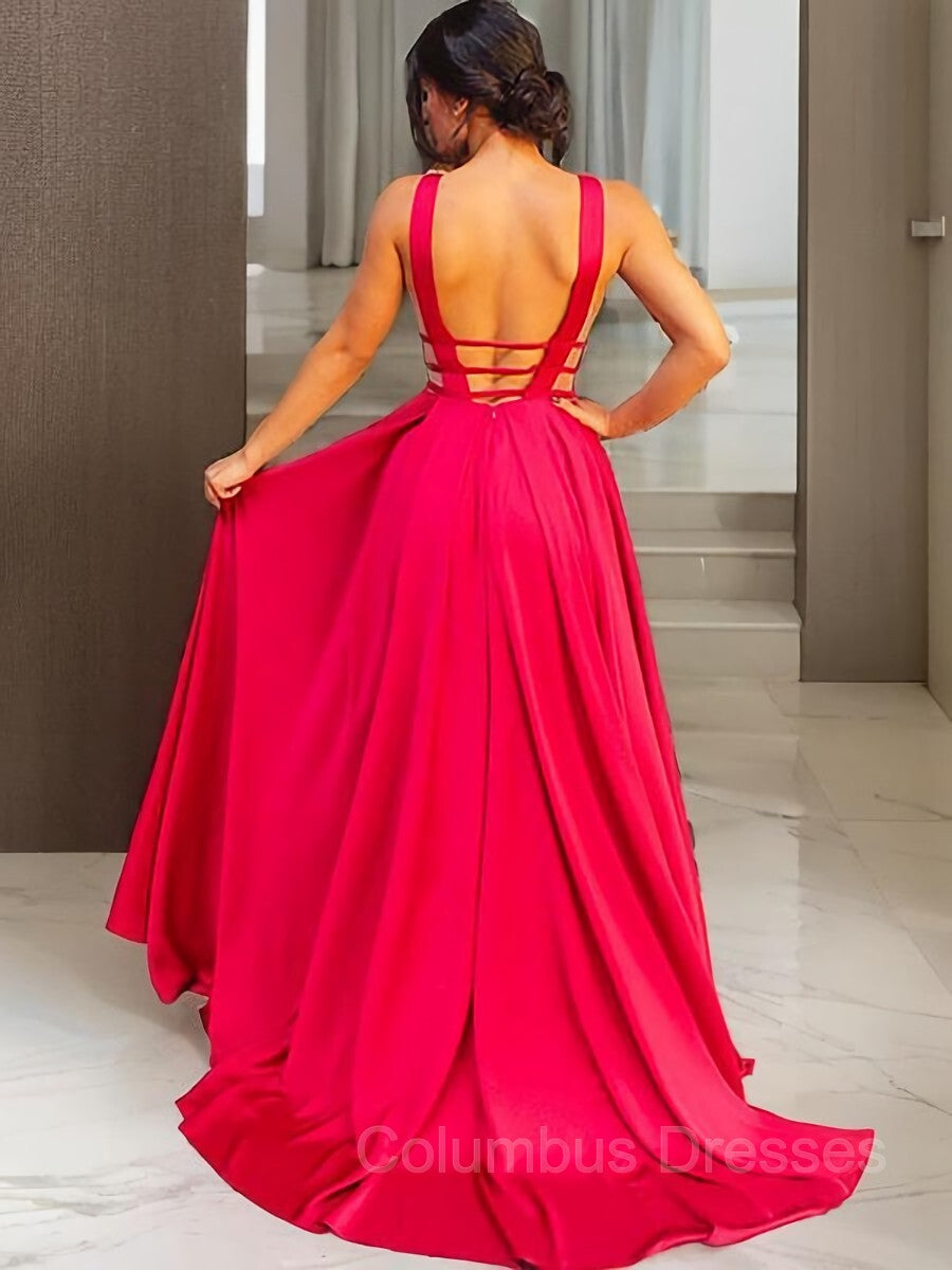 Party Dress And Gown, A-Line/Princess V-neck Sweep Train Elastic Woven Satin Evening Dresses With Ruffles