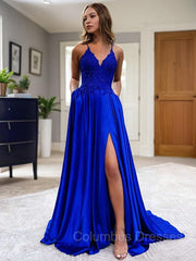 Party Dress Christmas, A-Line/Princess V-neck Sweep Train Elastic Woven Satin Prom Dresses With Pockets