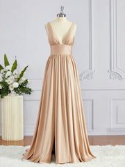 Bridesmaid Dresses Online, A-Line/Princess V-neck Sweep Train Jersey Bridesmaid Dresses with Leg Slit