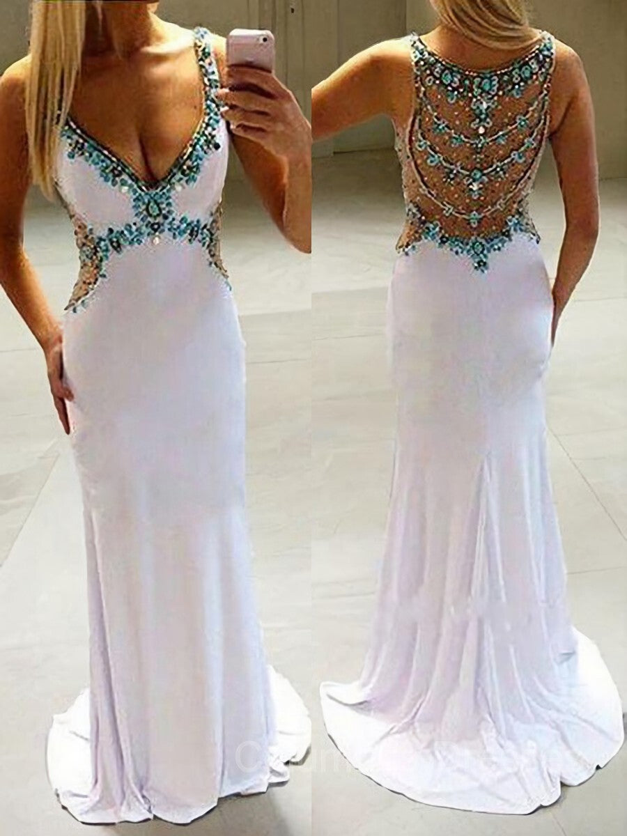 Prom Dresses Ball Gowns, A-Line/Princess V-neck Sweep Train Jersey Prom Dresses With Rhinestone
