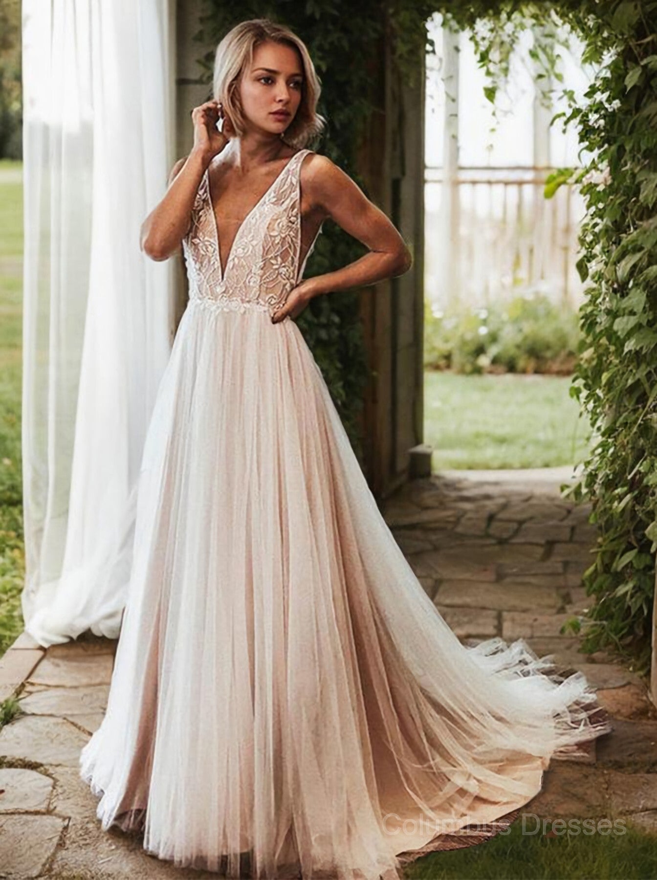 Wedding Dresses Fashion, A-Line/Princess V-neck Sweep Train Lace Wedding Dresses