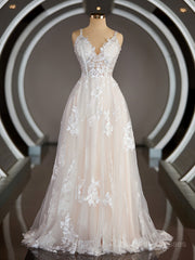 Wedding Dressed Princess, A-Line/Princess V-neck Sweep Train Lace Wedding Dresses with Appliques Lace