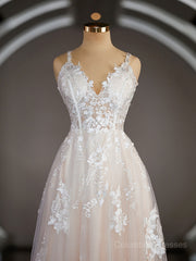 Wedding Dress Princesses, A-Line/Princess V-neck Sweep Train Lace Wedding Dresses with Appliques Lace
