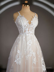Wedding Dresses Laced Sleeves, A-Line/Princess V-neck Sweep Train Lace Wedding Dresses with Appliques Lace