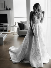 Wed Dress Lace, A-Line/Princess V-neck Sweep Train Lace Wedding Dresses With Appliques Lace