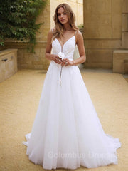 Wedding Dresses No Sleeves, A-Line/Princess V-neck Sweep Train Lace Wedding Dresses With Appliques Lace