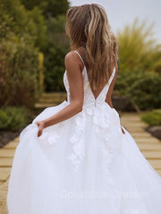 Wedding Dress Elegent, A-Line/Princess V-neck Sweep Train Lace Wedding Dresses With Appliques Lace