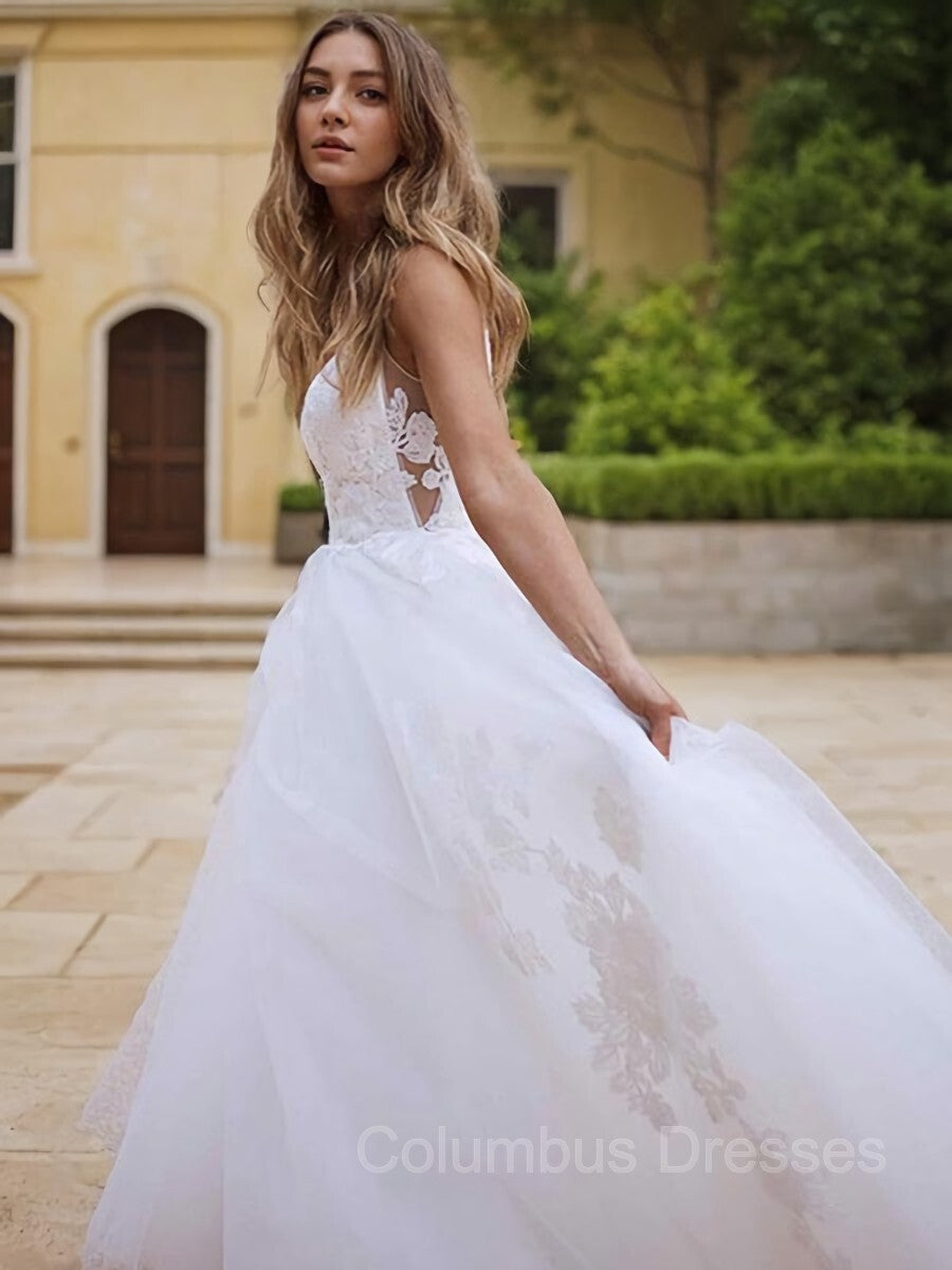 Wedding Dresses Elegent, A-Line/Princess V-neck Sweep Train Lace Wedding Dresses With Appliques Lace