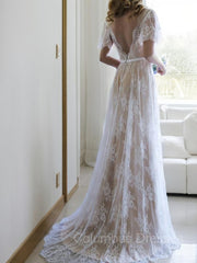 Wedding Dress Summer, A-Line/Princess V-neck Sweep Train Lace Wedding Dresses With Appliques Lace