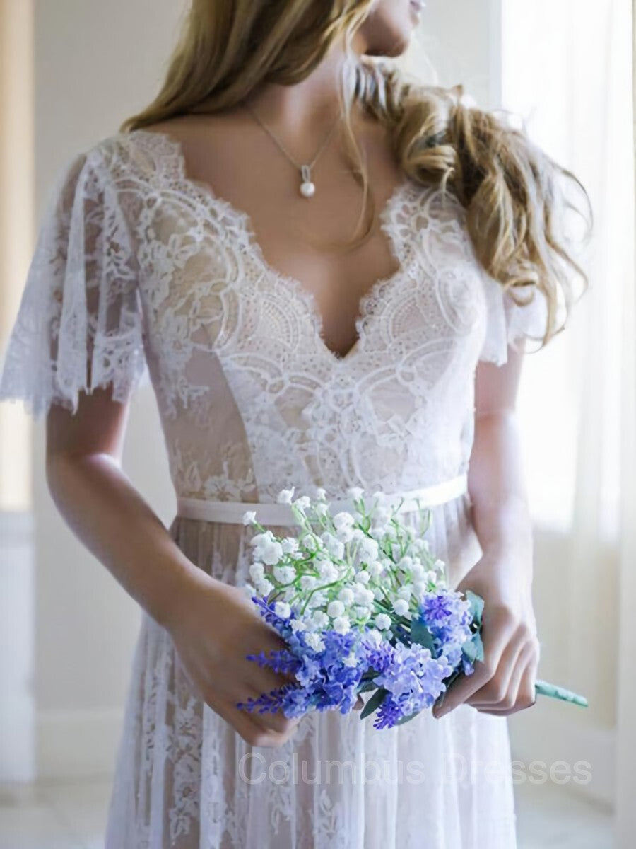 Wedding Dresses For Spring, A-Line/Princess V-neck Sweep Train Lace Wedding Dresses With Appliques Lace
