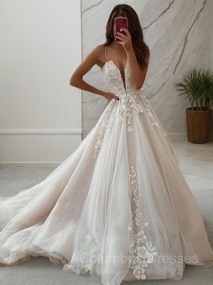 Wedding Dress And Shoes, A-Line/Princess V-neck Sweep Train Lace Wedding Dresses With Appliques Lace