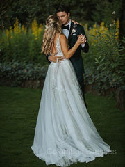 Wedding Dress A Line Lace, A-Line/Princess V-neck Sweep Train Lace Wedding Dresses With Belt/Sash