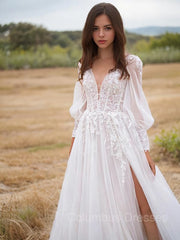 Wedding Dresses The Bride, A-Line/Princess V-neck Sweep Train Lace Wedding Dresses With Leg Slit