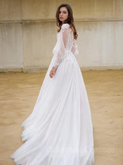 Wedding Dresses Deals, A-Line/Princess V-neck Sweep Train Lace Wedding Dresses With Leg Slit
