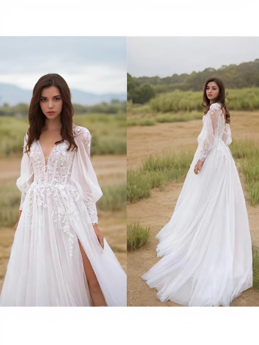 Wedding Dress Inspo, A-Line/Princess V-neck Sweep Train Lace Wedding Dresses With Leg Slit
