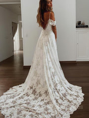 Wedding Dress For, A-Line/Princess V-neck Sweep Train Lace Wedding Dresses With Leg Slit