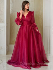 Homecomming Dresses Red, A-Line/Princess V-neck Sweep Train Organza Evening Dresses With Ruffles