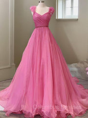 Prom Dresses Long Open Back, A-Line/Princess V-neck Sweep Train Organza Prom Dresses With Ruffles