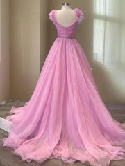 Prom Dress Long Open Back, A-Line/Princess V-neck Sweep Train Organza Prom Dresses With Ruffles