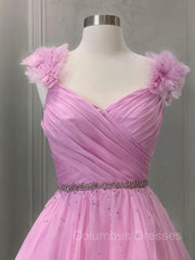 Prom Dresses Photos Gallery, A-Line/Princess V-neck Sweep Train Organza Prom Dresses With Ruffles