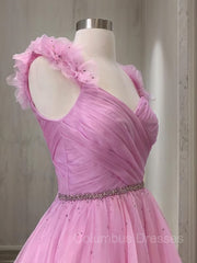 Prom Dress Chiffon, A-Line/Princess V-neck Sweep Train Organza Prom Dresses With Ruffles