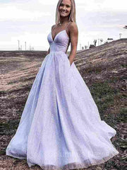 Bridesmaids Dresses For Beach Weddings, A-Line/Princess V-neck Sweep Train Prom Dresses With Pockets