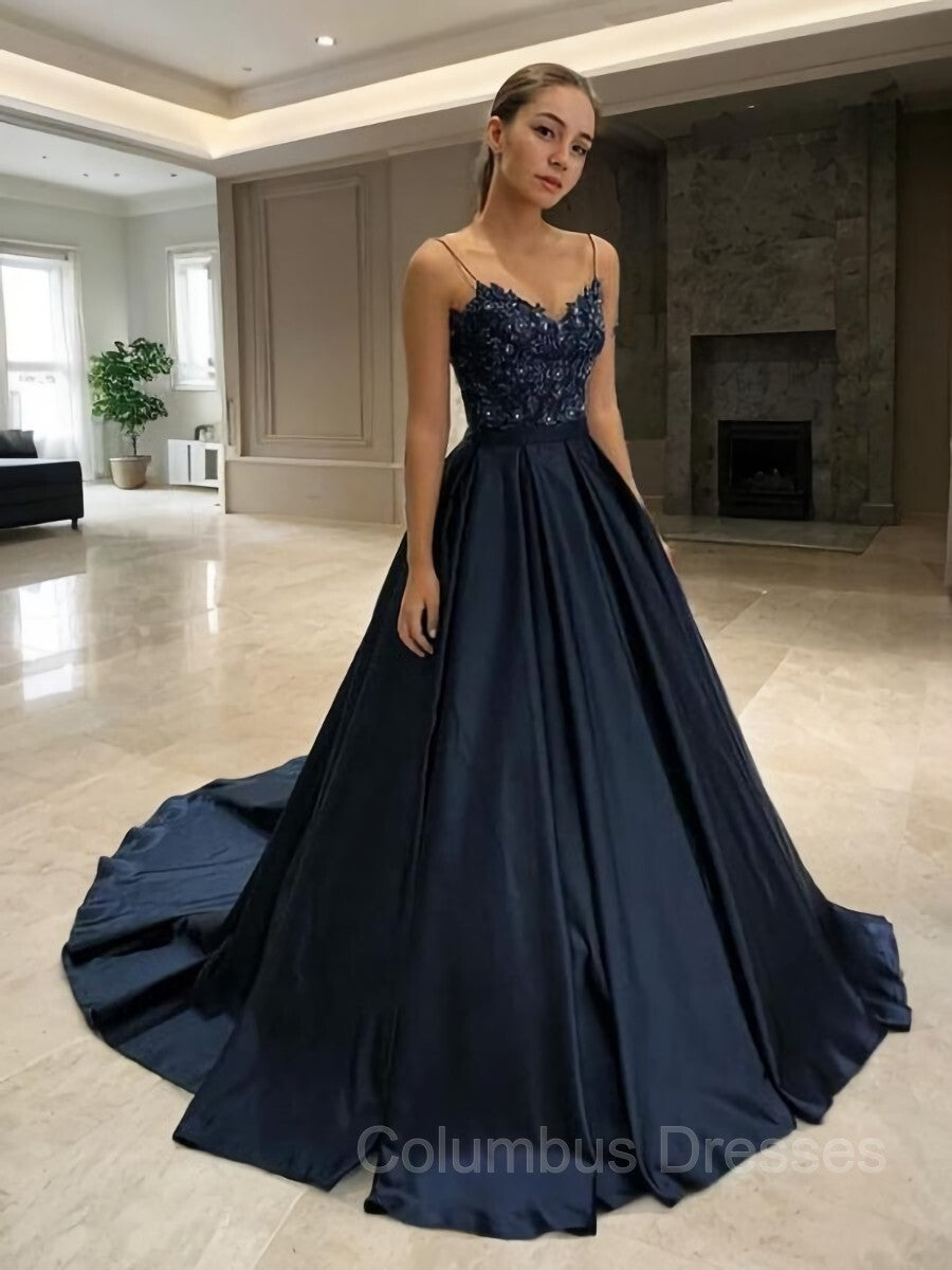 Bridesmaid Dresses 2041, A-Line/Princess V-neck Sweep Train Satin Prom Dresses With Appliques Lace