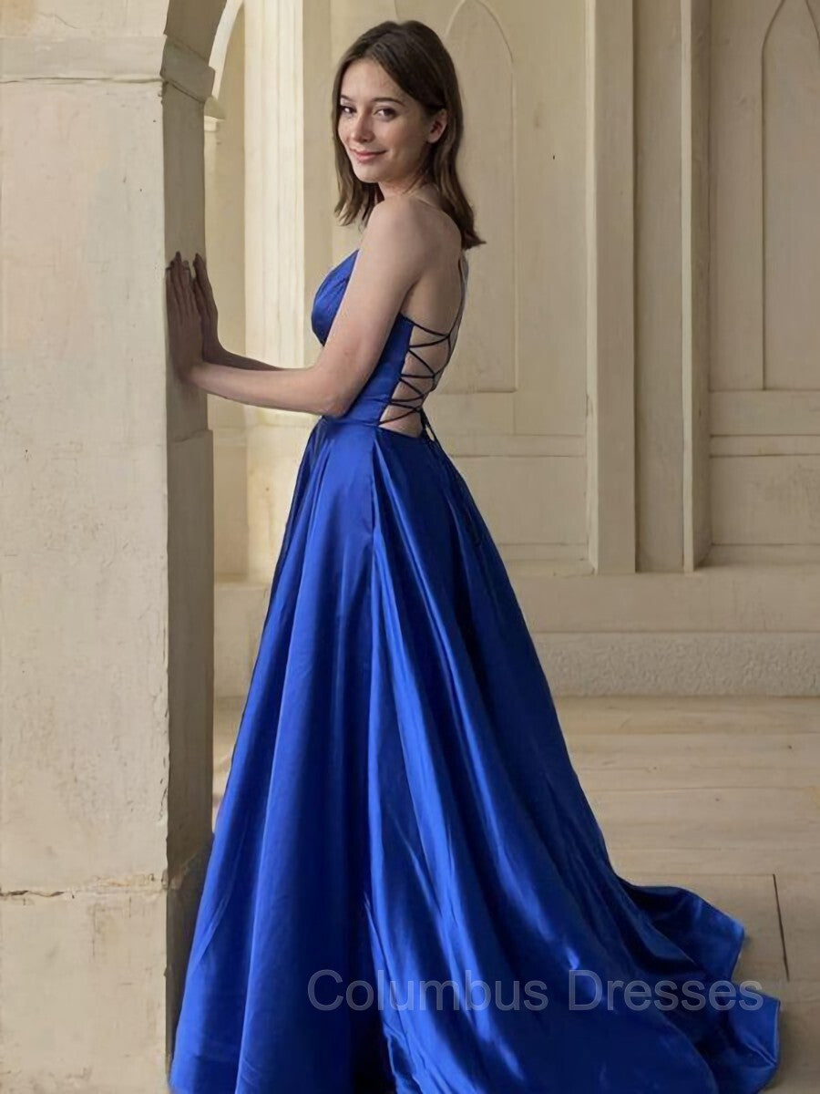 Evening Dress Sleeve, A-Line/Princess V-neck Sweep Train Satin Prom Dresses With Pockets