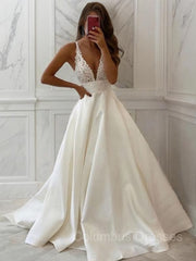 Wedding Dress Off The Shoulder, A-Line/Princess V-neck Sweep Train Satin Wedding Dresses