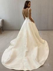 Wedsing Dress Off The Shoulder, A-Line/Princess V-neck Sweep Train Satin Wedding Dresses
