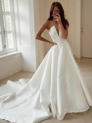 Weddings Dresses Styles, A-Line/Princess V-neck Sweep Train Satin Wedding Dresses