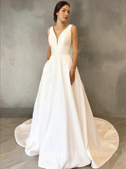 Wedding Dress Styled, A-Line/Princess V-neck Sweep Train Satin Wedding Dresses
