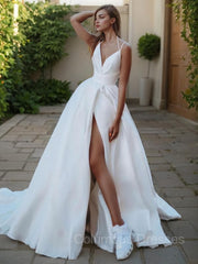 Wedding Dress V, A-Line/Princess V-neck Sweep Train Satin Wedding Dresses With Leg Slit
